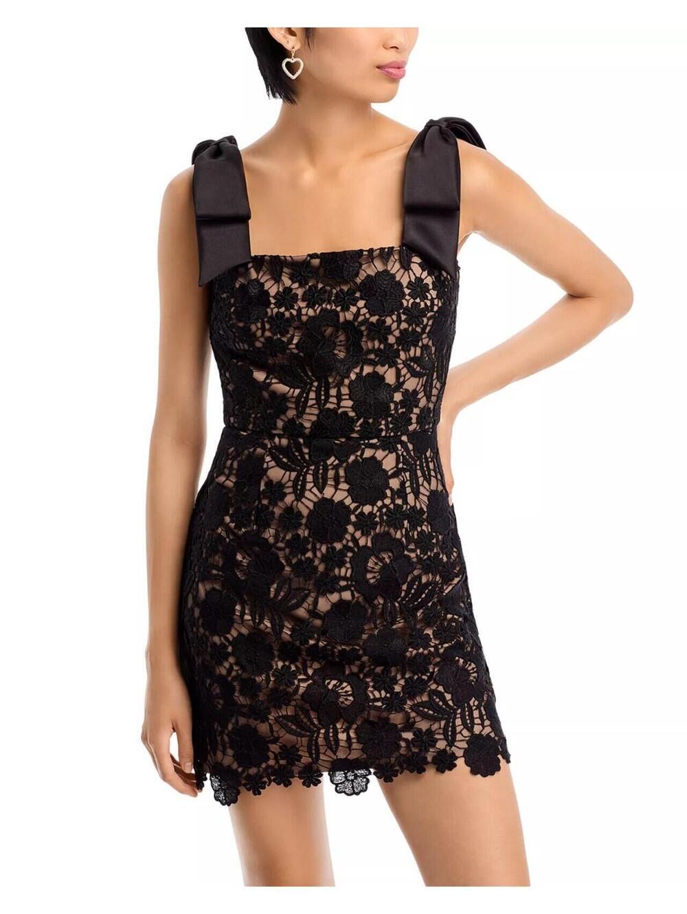 275$ Aqua Bow Strap Lace Mini Party Dress Sleeveless Women's Size 12 Black